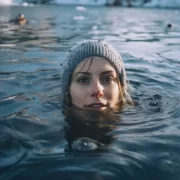 Foto mostra uma Mulher jovem, de toca, boiando na água de uma enchente
