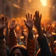 Foto de multidão no meio de uma rua, com pessoas na frente de mãos levantadas, como se fosse um ato de votação, democracia.