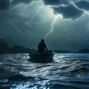 Imagem de um homem num pequeno barco a remo, à noite, num mar revolto e trovoadas no céu. Efeitos do El Niño
