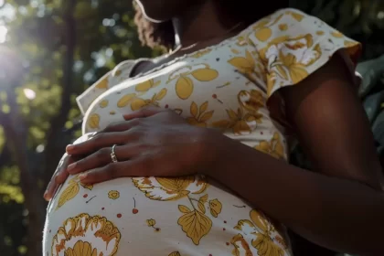 Imagem da barriga de uma mulher negra grávida. Projeto no Senado criminaliza aborto após 22 semanas.