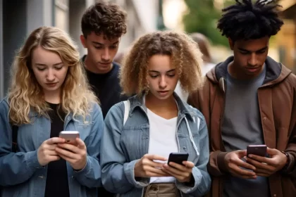 Imagem gerada por IA, 4 jovens lado a lado, com a cabeça baixa olham pro celular. Grupo de watsapp