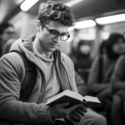 Imagem gerada por IA mostra jovem, sentado num ônibus, lendo. Os livros são úteis nesses momentos.