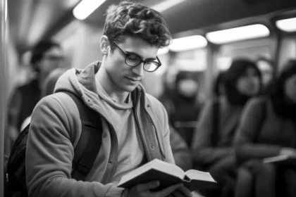 Imagem gerada por IA mostra jovem, sentado num ônibus, lendo. Os livros são úteis nesses momentos.