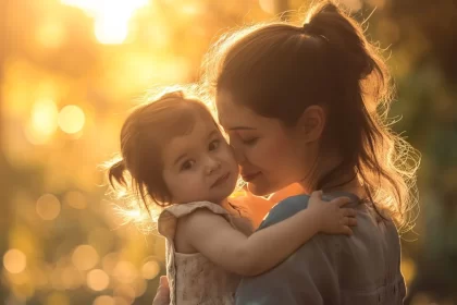 Foto de uma mãe com a filhinha no colo, com a luz do sol passando pelos galhos de árvores ao fundo. A maternidade é a poesia.