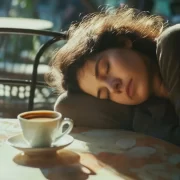 Foto de uma mulher com a cabeça deitada na mesa, o café está em frente. Somos seres frágeis