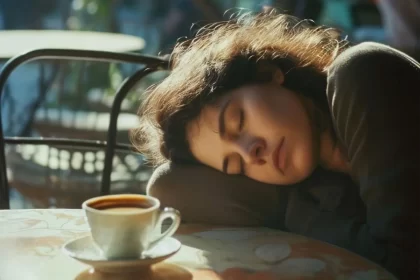 Foto de uma mulher com a cabeça deitada na mesa, o café está em frente. Somos seres frágeis