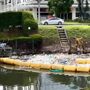 Foto da barreira ecológica no riacho ipiranga que evita que o lixo, inclusive plástico, deságue no rio guaíba.