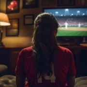 Imagem de uma mulher de costas assistindo um jogo de futebol na TV