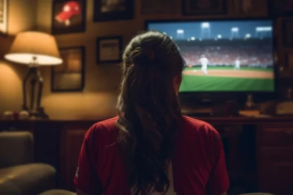 Imagem de uma mulher de costas assistindo um jogo de futebol na TV