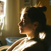 Imagem gerada por IA mostra meio corpo de uma mulher sentada numa cama de hospital