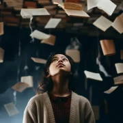 Imagem gerada por IA, uma mulher olha pra cima e vários livros estão pendurados no teto. Os livros contêm as histórias e narrativas de todos os tempos.