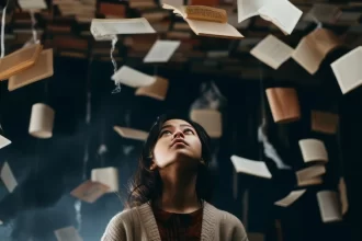 Imagem gerada por IA, uma mulher olha pra cima e vários livros estão pendurados no teto. Os livros contêm as histórias e narrativas de todos os tempos.
