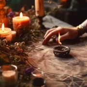 Imagem de uma mesa com um mapa cabalístico, velas acesas, sugerindo um espaço de magia de nomes.
