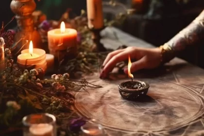 Imagem de uma mesa com um mapa cabalístico, velas acesas, sugerindo um espaço de magia de nomes.