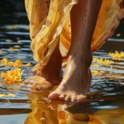 Foto dos pés de uma mulher andando na beira do mar, bons hábitos para envelhecer bem são importantes