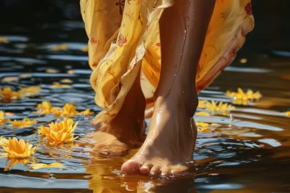 Foto dos pés de uma mulher andando na beira do mar, bons hábitos para envelhecer bem são importantes