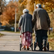 Um casa de pessoas idosas caminham num parque, cada um com o seu andador.