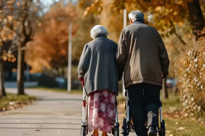 Um casa de pessoas idosas caminham num parque, cada um com o seu andador.