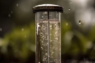 Foto de um pluviômetro que mede volume de agua das chuvas. O clima precisa ser monitorado