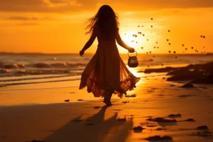 Foto de uma mulher caminhando na beira da praia num fim de tarde. A beleza é a prova da existência de Deus.