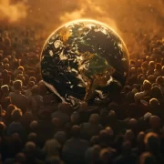 Imagem gerada por IA mostra o globo da terra no meio de uma multidão. São os riscos que estamos correndo em maltratar o planeta.