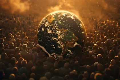 Imagem gerada por IA mostra o globo da terra no meio de uma multidão. São os riscos que estamos correndo em maltratar o planeta.
