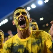 Foto de torcida de futebol num estádio. Eles estão com os rostos pintados de amarelo e feições de guerra.