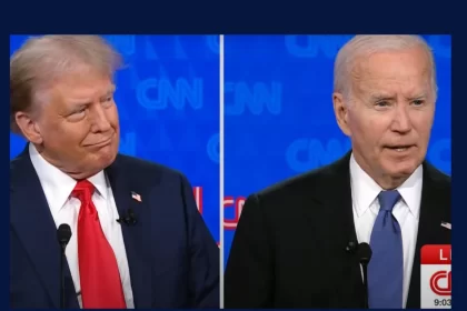 Foto de Biden e Trump no debate eleitoral americano, da CNN