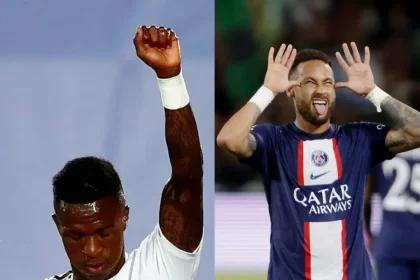 Fotomontagem de Vini Jr fazendo sinal de protesto e Neymar fazendo careta de moleque. A diferença entre a Y e a geração Z.