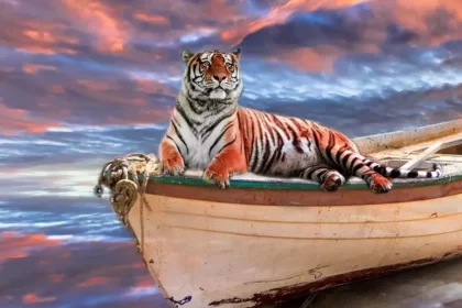 Imagem do tigre no filme As aventuras de PI, inspirado no clássico Robson Crusoe