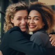 Imagem gerada por IA mostra duas amigas sorrindo, abraçadas, é a amizade