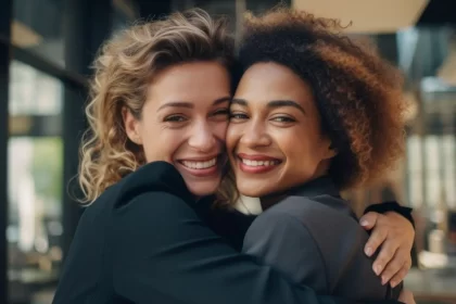 Imagem gerada por IA mostra duas amigas sorrindo, abraçadas, é a amizade