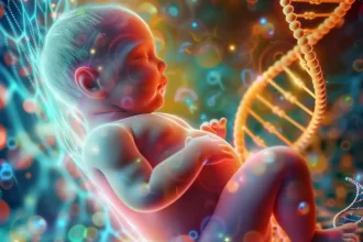 Imagem gerada por IA mostra um bebê no útero com a indicação da genética