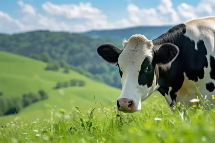 Imagem gerada por IA mostra um boi num campo verde, a agronegócio tem reflexos no meio ambiente