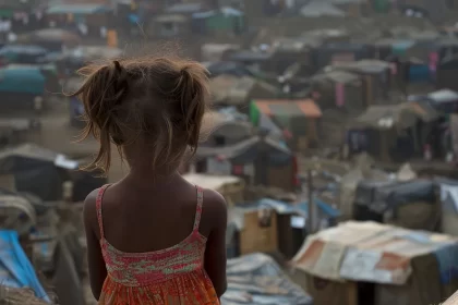 Imagem gerada por IA mostra menina parda de costas de uma área elevada, olhando para um acampamento de refugiados. É o cansaço civilizacional.