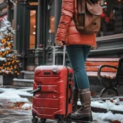 Foto gerada por IA de meio corpo de uma mulher puxando uma mala num rua com neve, são as férias