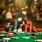 Imagem gerada por IA de uma mesa de jogos, comuns em cassinos, com fichas sobre a mesa e outras voando