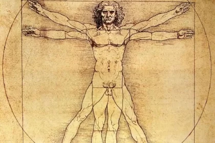 Reprodução do homem vitruviano, de Leonardo da Vinci, que representa a sociedade humanista