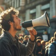 Imagem gerada por IA, homem jovem fala num megafone, polarização política agrava disputas