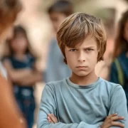 Foto de um menino de frente com feições sérias. Os filhos são as vítimas da alienação parental