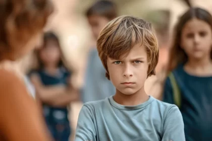 Foto de um menino de frente com feições sérias. Os filhos são as vítimas da alienação parental