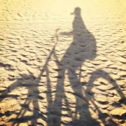 Foto da sombra na areia de uma mulher de bicicleta numa praia da califórnia, um lugar especial para a autora