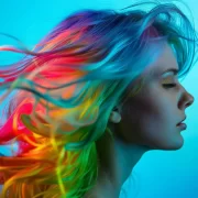 foto do rosto de perfil de uma mulher com o cabelo pintado de várias cores