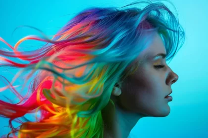 foto do rosto de perfil de uma mulher com o cabelo pintado de várias cores