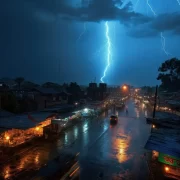 Imagem aérea, gerada por IA, de uma cidade à noite, com raios de tempestade, exemplos dos desastres climáticos