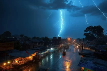 Imagem aérea, gerada por IA, de uma cidade à noite, com raios de tempestade, exemplos dos desastres climáticos