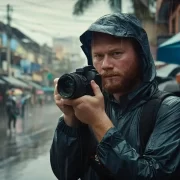 Foto de um repórter fotográfico numa enchente. Jornalistas têm dificuldade de cobertura