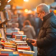 Foto de um homem em frente a uma banca de livros, o autor fala na poeta Tania Vernet