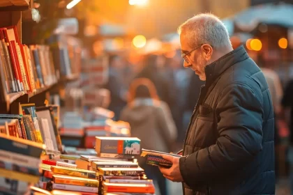 Foto de um homem em frente a uma banca de livros, o autor fala na poeta Tania Vernet