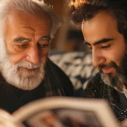 Imagem gerada por IA de dois homens lendo a Torah, a bíblia do judaísmo